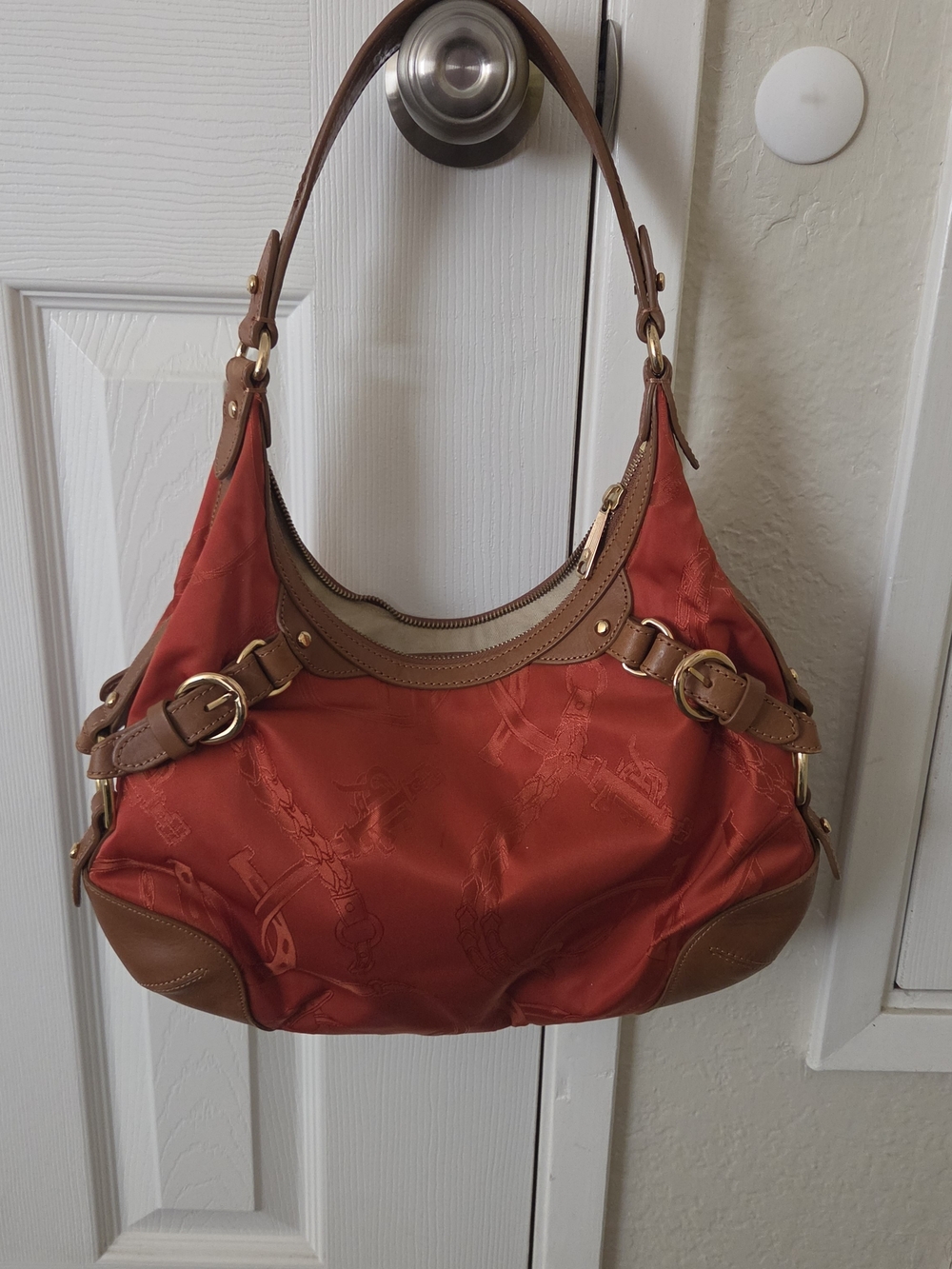 Lauren Ralph Lauren Equestrian Signature Red Nylon/Canvas Shoulder Bag